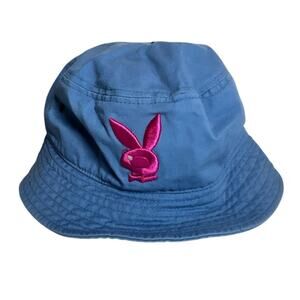 Y2K Playboy Bunny Blue Bucket Hat Pink Bunny Embroidered McBling Baddie Trashy